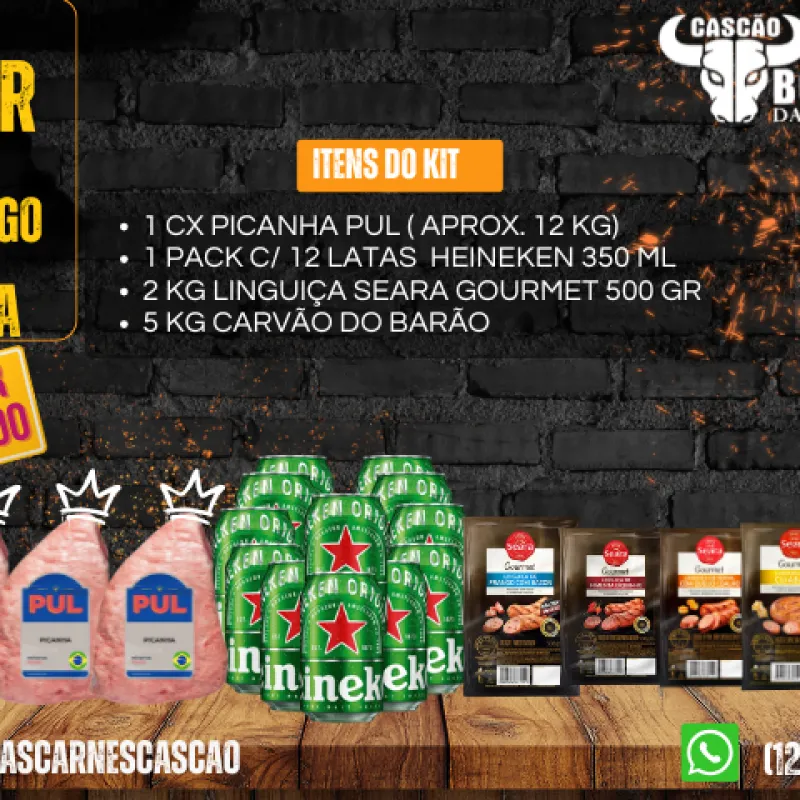 Imagem da campanha CAIXA DE PICANHA PUL + 1 PACK C/ 12 LATAS  HEINEKEN 350 ML+ 2 KG LINGUIÇAS GOURMET SEARA + 5 KG CARVÃO